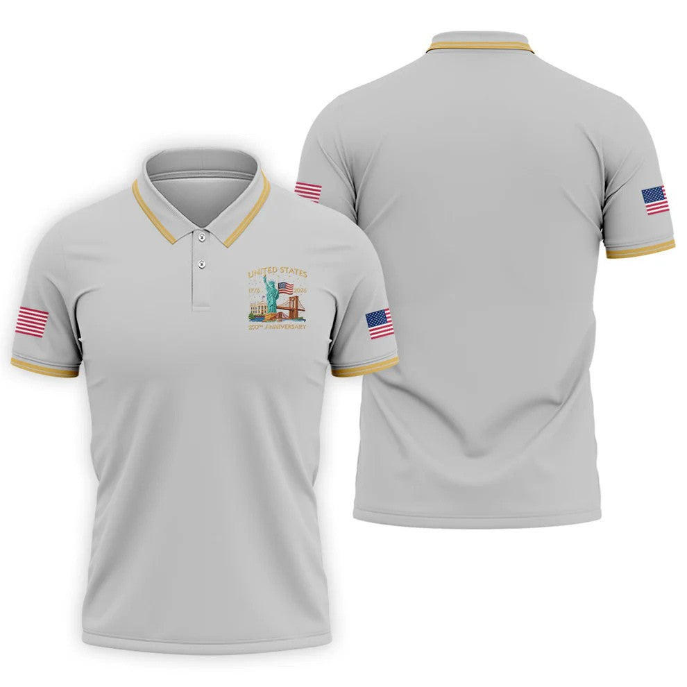 American Symbols Grey Patriotic Golf Shirt, US 250 Years 4th Of July Golf Shirts For Men