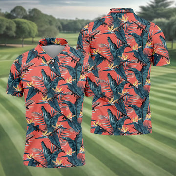 Tropical Palm Leaf And Rifle Pattern Coral Golf Polo, Printed Golf Shirts, Golf Apparel For Men