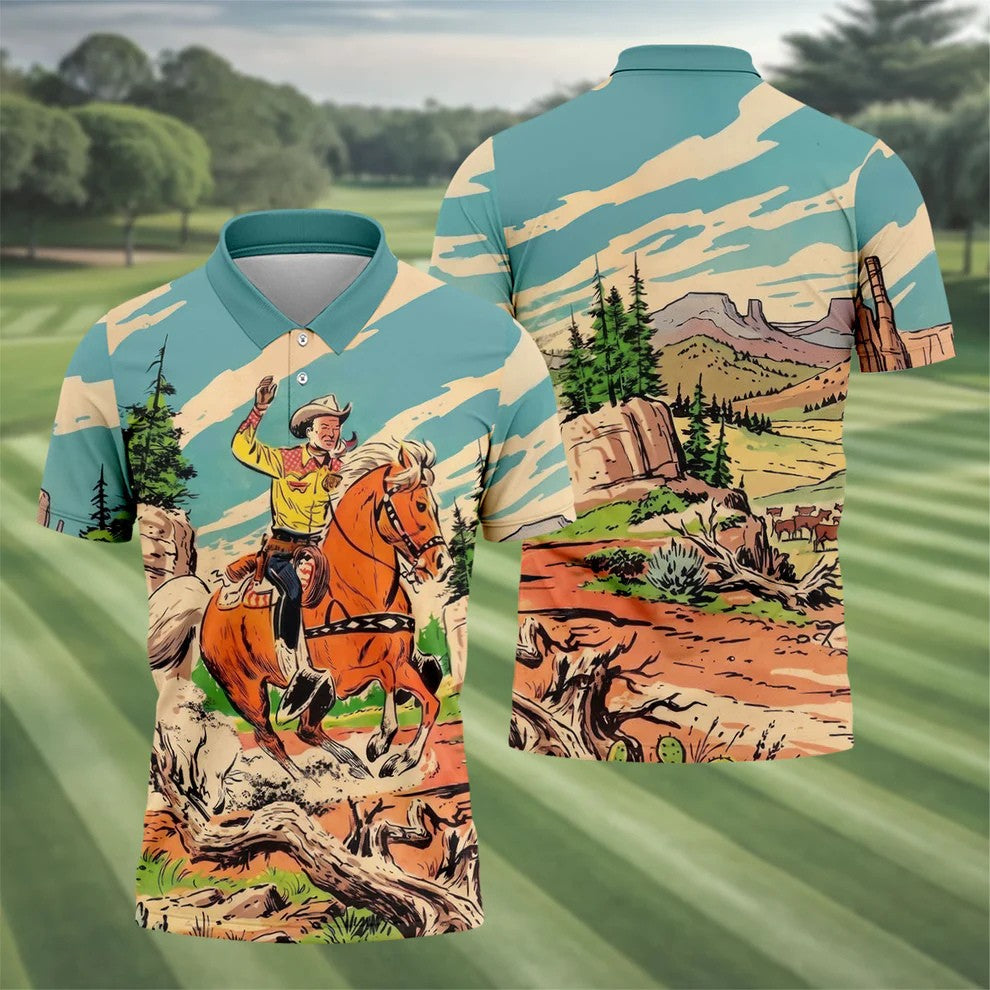 Vintage Cowboy Horse Riding Golf Polo Shirt, Mens Golf Polo, Golf Apparel For Men