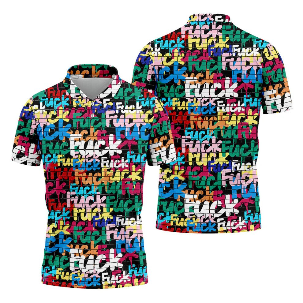 Bold Colorful Fuck Graffiti Typography Golf Shirt, Men's Golf Shirt, Golf Apparel For Men