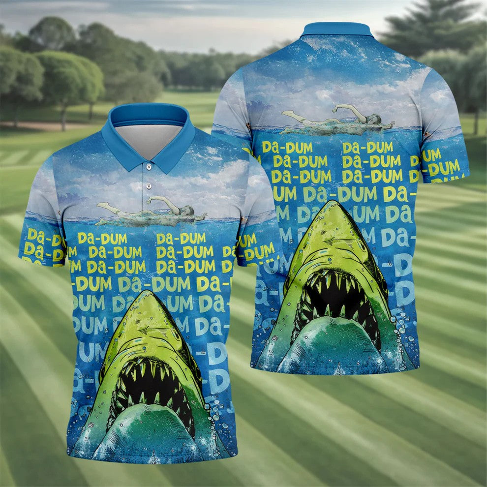 Funny Shark Da Dum Ocean Attack Golf Polo Shirt, Golf Shirts For Men, Printed Golf Shirts