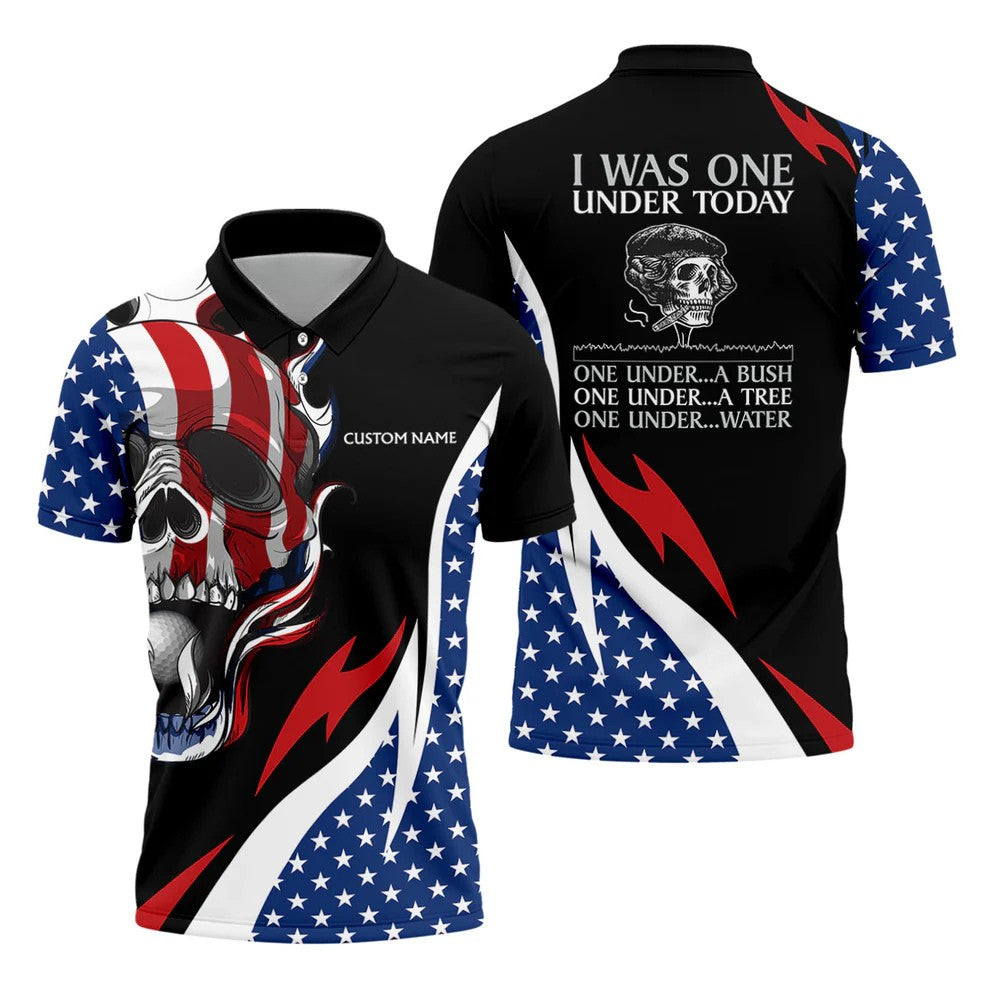 I Was One Under Today Cool Skull US Flag Golf Shirt, 4th Of July Patriotic Golf Shirts For Men