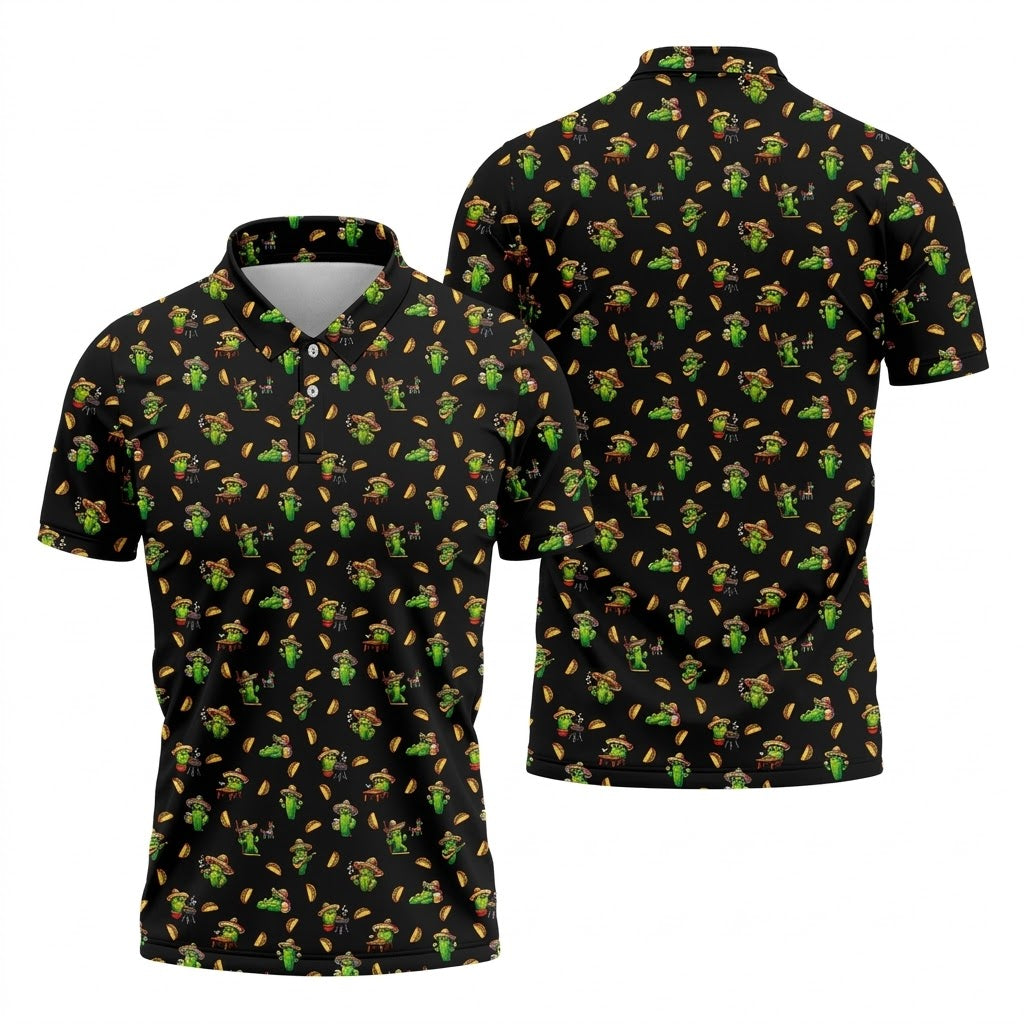 Mexican Mustach Funny Cactus Cinco De Mayo Celebration Fiesta Themed Golf Shirts For Men