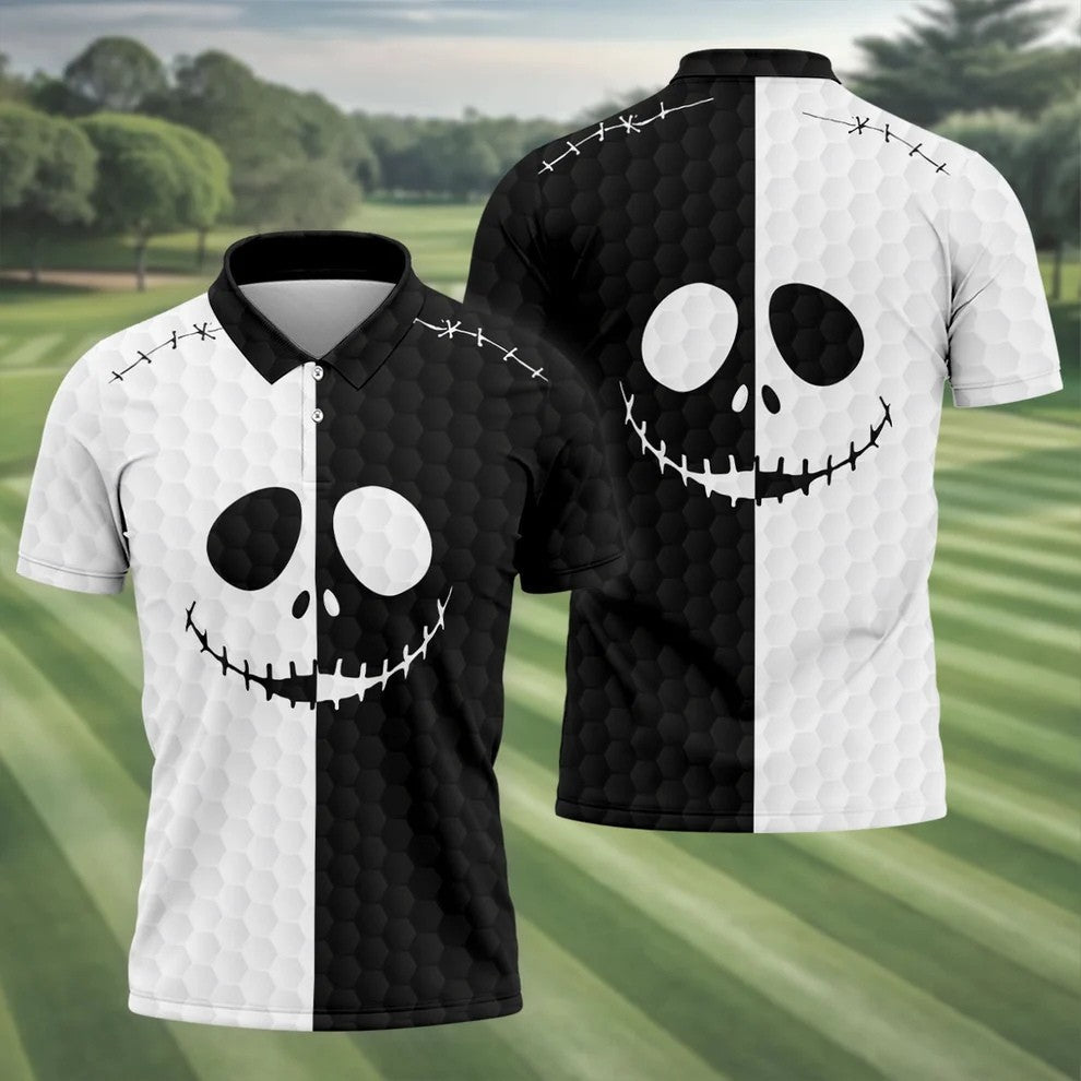 Black White Skull Face Halloween Golf Polo Shirt, Mens Golf Shirts, Golf Polo Shirts For Men