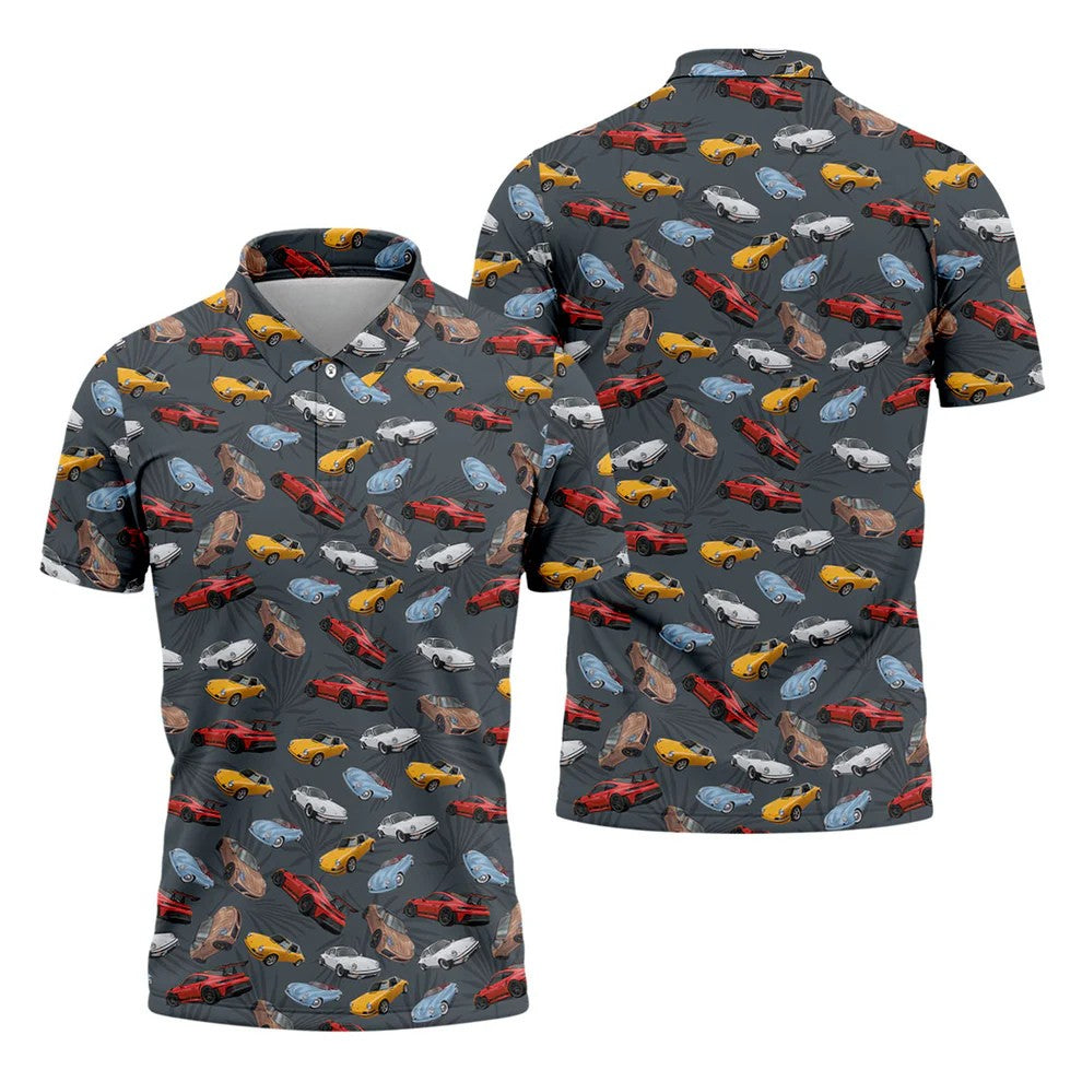 Charcoal Vintage Sports Car Pattern Golf Polo Shirt, Men's Golf Shirt, Golf Polo Shirts For Men