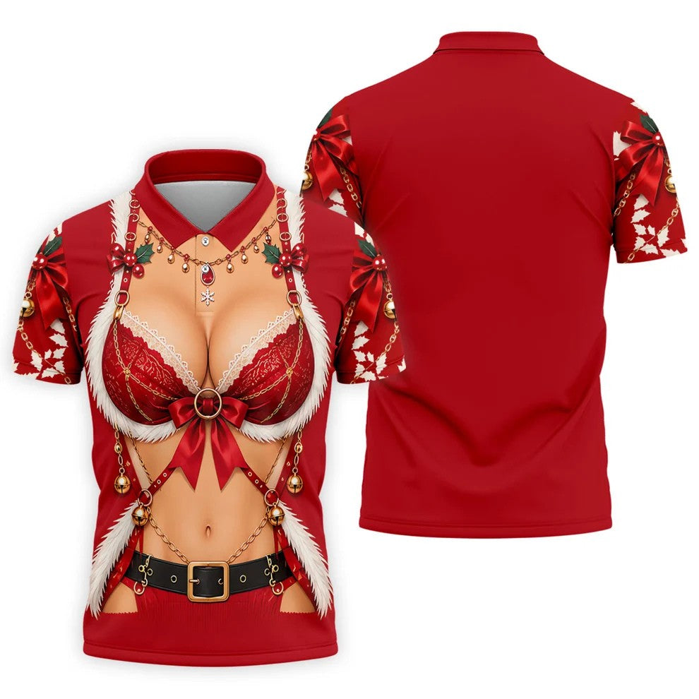 Glitter Santa Bra Fur Trim Christmas Golf Shirt, Mens Golf Shirts, Mens Golf Apparel