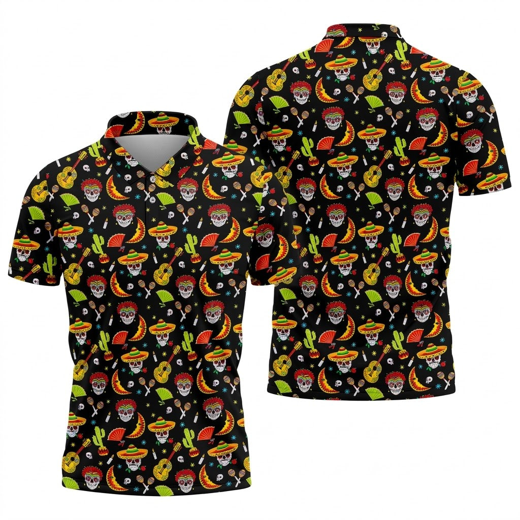 Day Of The Dead Mexican Symbols Cinco De Mayo Celebration Fiesta Themed Golf Shirts For Men