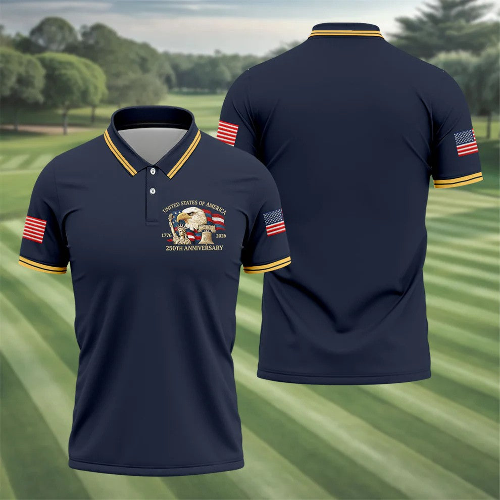Bald Eagle American Flag 250 Years Navy Golf Shirt, Patriotic 4th Of July Golf Shirts For Men