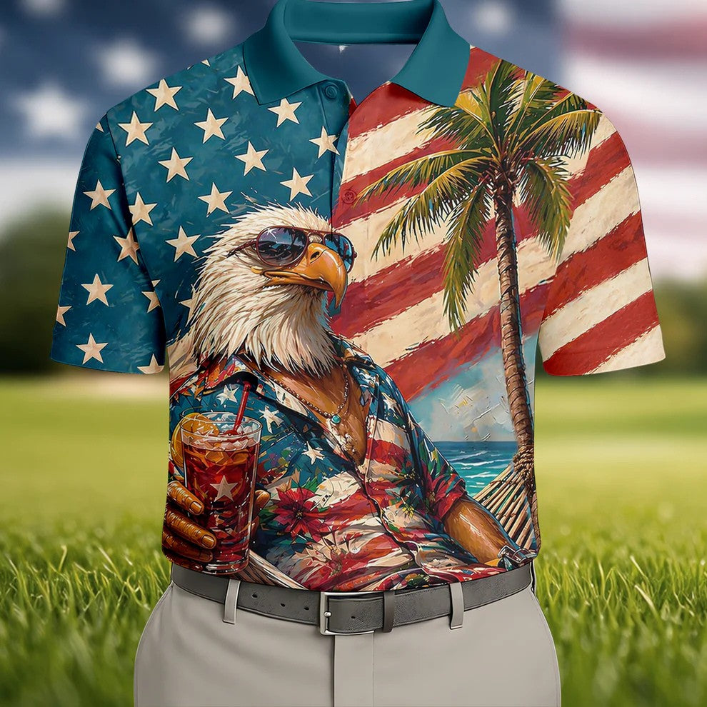 Cool Bald Eagle 250 Years American Flag Golf Shirt, Patriotic 4th Of July Golf Shirts For Men