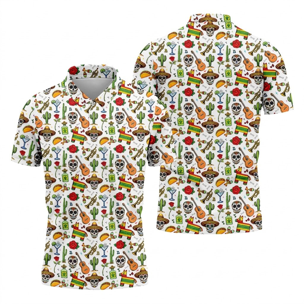 Decorated Skulls Party Items Cinco De Mayo Celebration Fiesta Themed White Golf Shirts For Men