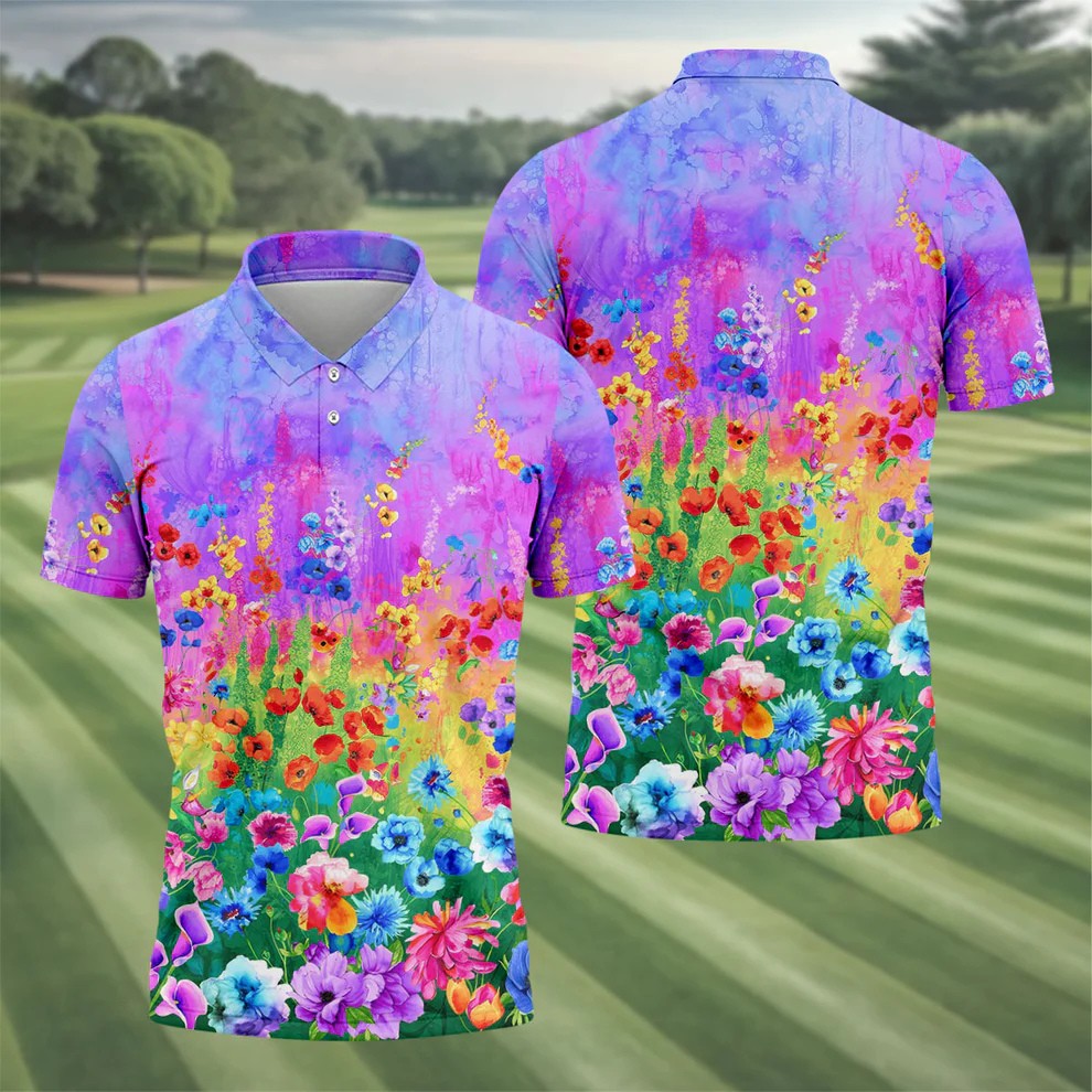 Colorful Abstract Floral Painting Golf Polo, Golf Tops For Men, Golfing Apparel