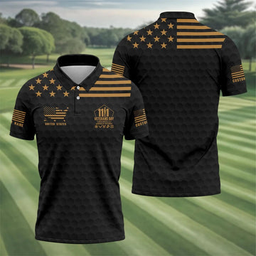 Custom Name Gold Star Veterans Day Polo Shirt, Mens Golf Shirts, Golf Apparel For Men