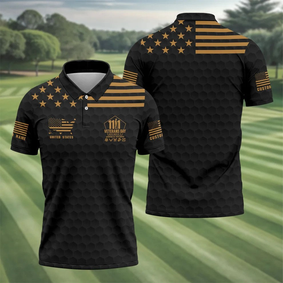 Custom Name Gold Star Veterans Day Polo Shirt, Mens Golf Shirts, Golf Apparel For Men
