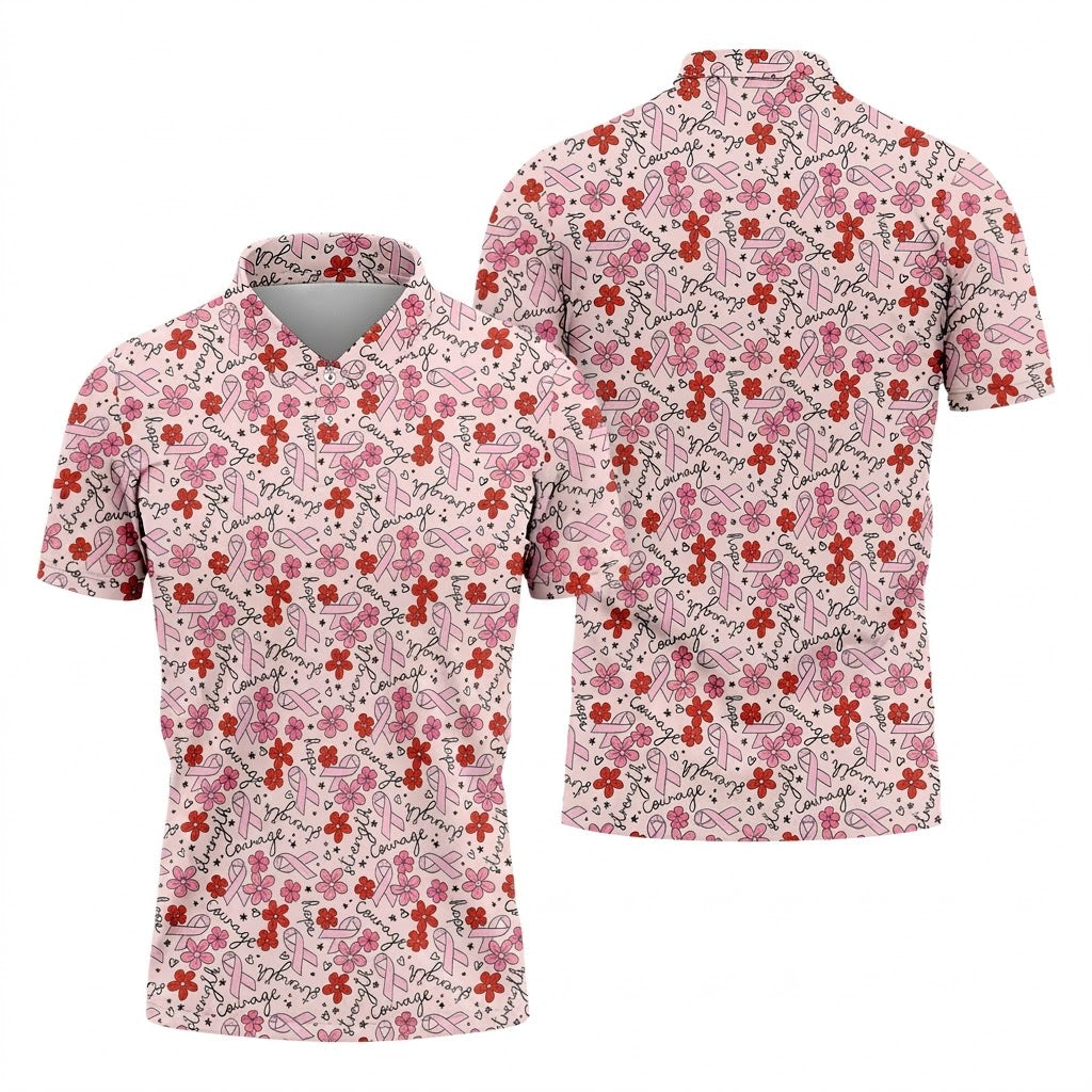 Breast Cancer Awareness Ribbon Flower Men Shirt, Men's Pink Golf Polo, Polo ShirtFor Men