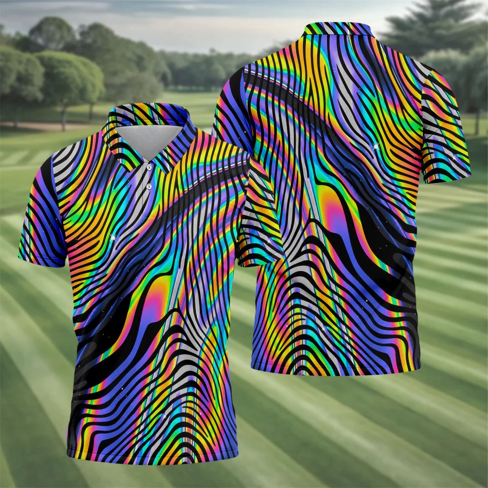 Rainbow Neon LGBT Support Zebra Pattern Golf Tops For Men, Pride Month Golf Shirts For Men