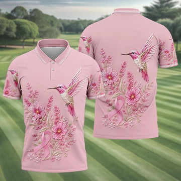 Hummingbird Floral Breast Cancer Ribbon Polo Shirt, Mens Golf Polo, Golf Apparel For Men