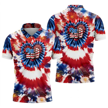 250 Years Red White Blue Tie Dye Print Patriotic Golf Shirt, 4th Of July Golf Shirts For Men
