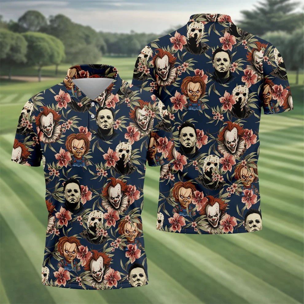 Gothic Floral Clown Doll Mask Hawaiian Polo, Golf Shirt For Men