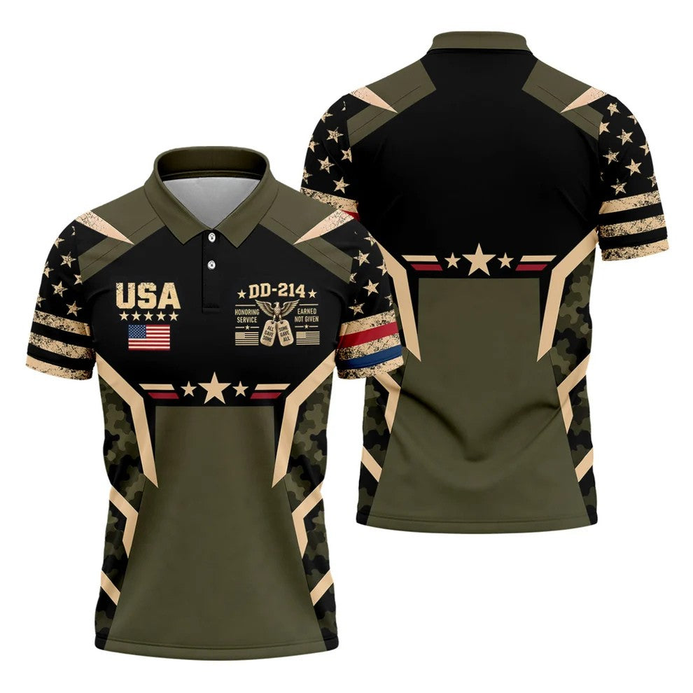 DD-214 USA Stars Camo Golf Polo Shirt, Veterans Day Shirt, Mens Golf Polo Shirts