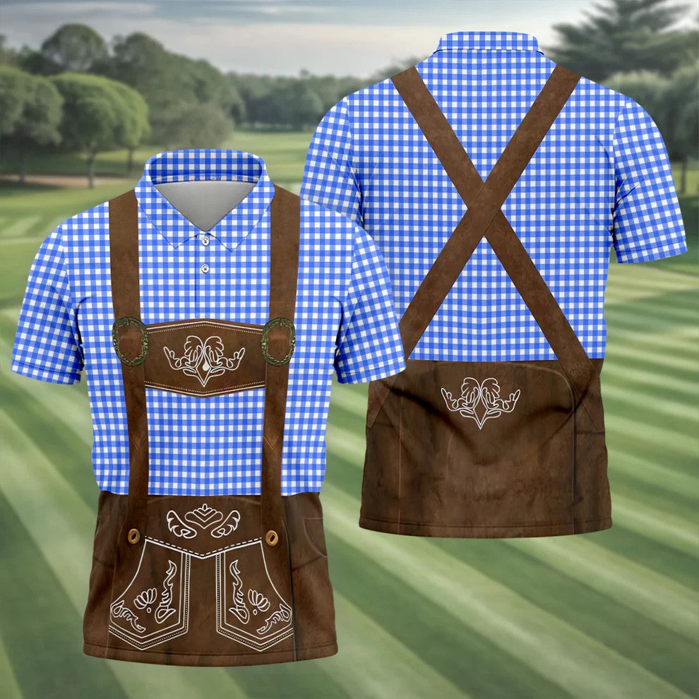 Blue Oktoberfest Lederhosen Illusion Sleeveless Golf Polo, Golf Shirts For Men, Mens Golf Apparel