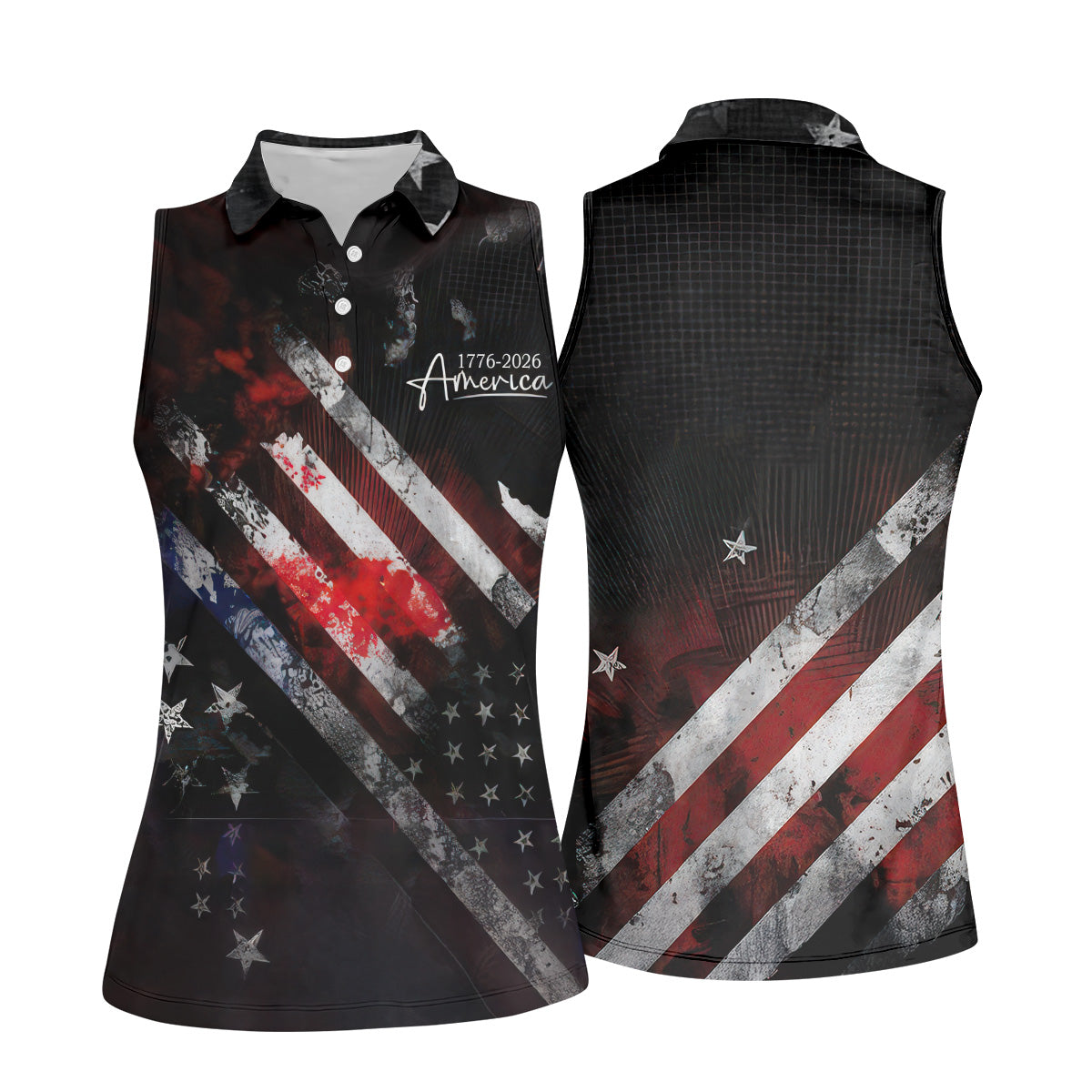 1776-2026 America Distressed Flag Black Golf Shirt, Patriotic 4th Of July Golf Shirt For Women