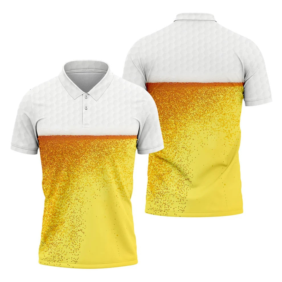 Cold Beer Print Golf Shirt, Beer Glass Pattern Design, Golf Shirts For Men
