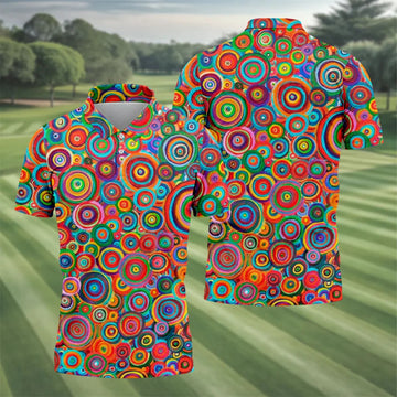 Colorful Abstract Circle Pattern Polo Shirt, Printed Golf Shirts, Hawaiian Golf Shirt, Mens Polo Shirts