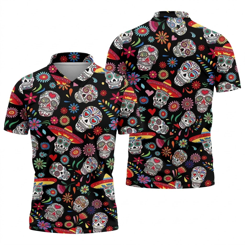 Day Of The Dead FLoral Sugar Skull Cinco De Mayo Celebration Fiesta Themed Golf Shirts For Men