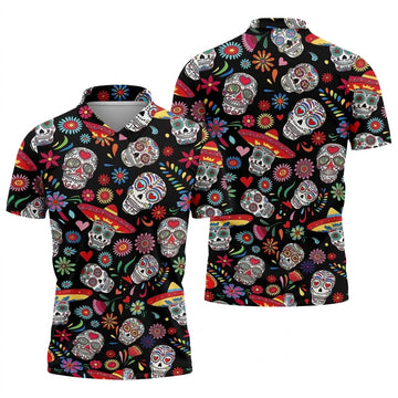 Day Of The Dead FLoral Sugar Skull Cinco De Mayo Celebration Fiesta Themed Golf Shirts For Men
