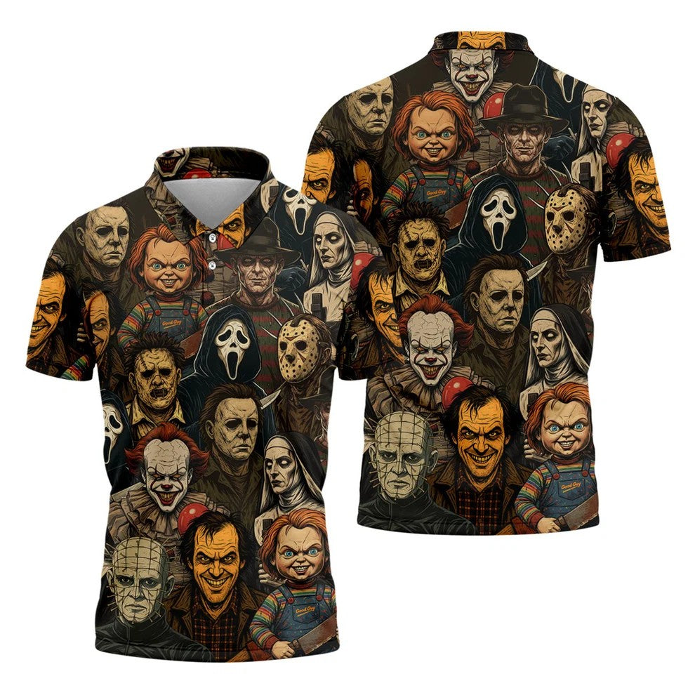 Horror Halloween Character Halloween Men's Polo Shirt Horror Movie Shirt, Mens Golf Shirts, Halloween Golf Shirt
