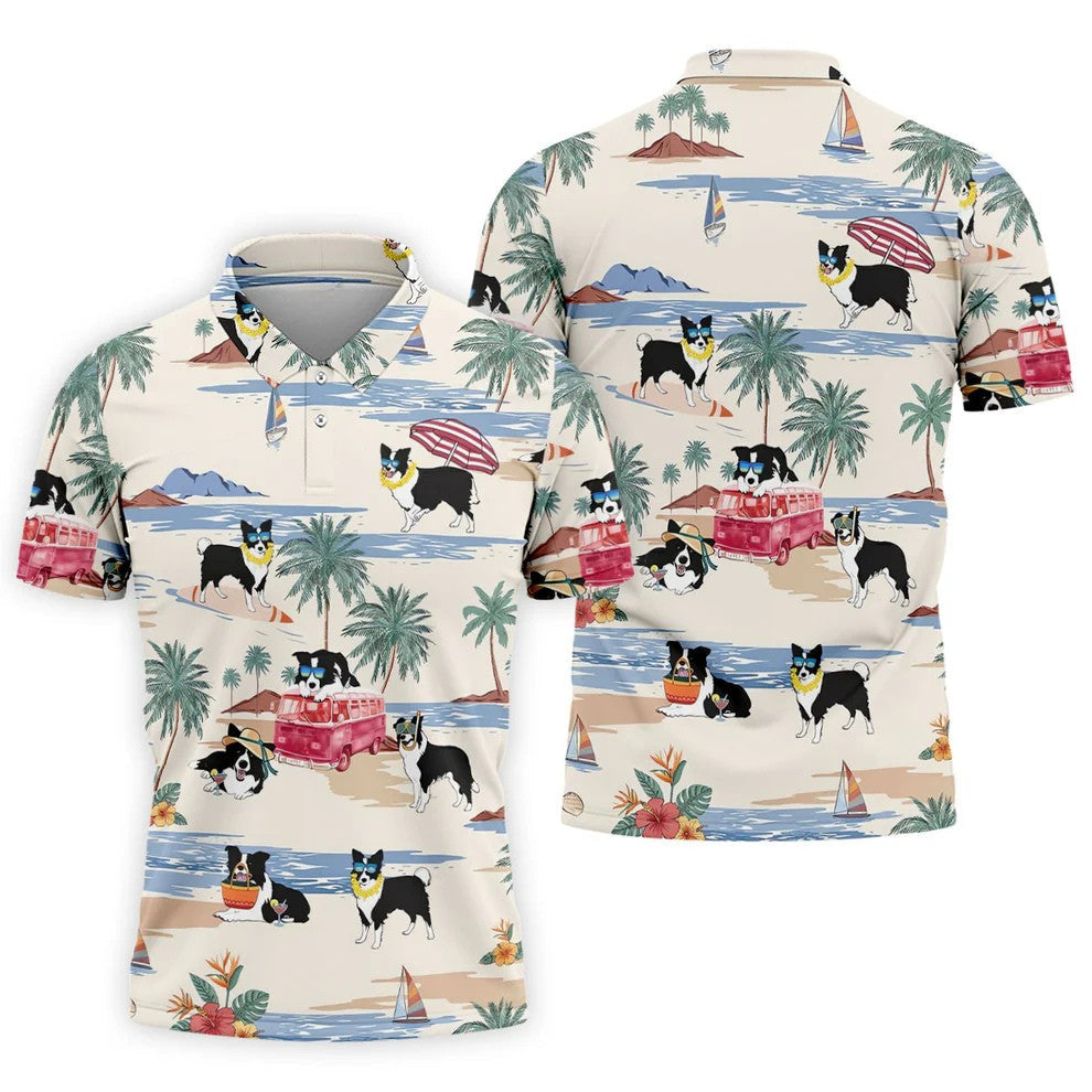 Tropical Border Collie Beach Hawaiian Golf Polo Shirt, Golf Polo Shirts For Men, Mens Polo Shirts
