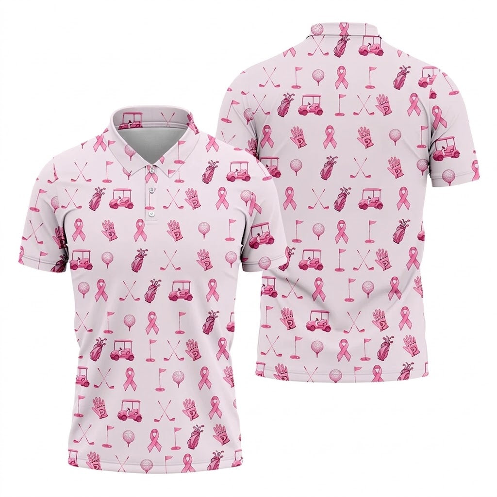 Funny Pink Ribbon Golf Pattern Men's Polo Shirt, Breast Cancer Golf Shirt, Breast Cancer Awareness Shirt
