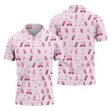 Funny Pink Ribbon Golf Pattern Men's Polo Shirt, Breast Cancer Golf Shirt, Breast Cancer Awareness Shirt