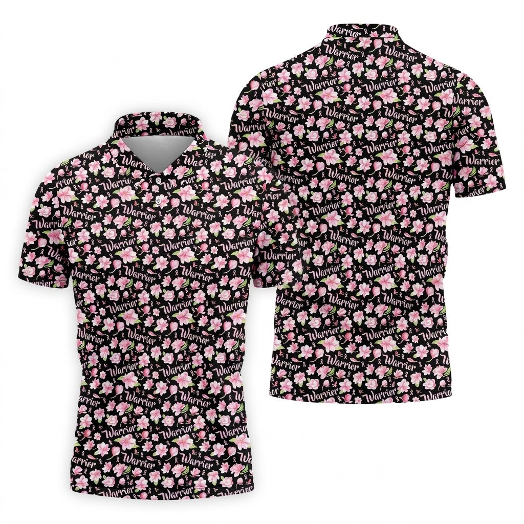 Warrior Pink Ribbons Floral Breast Cancer Golf Shirt, Polo ShirtFor Men