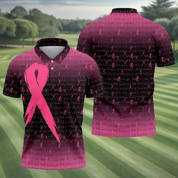 Pink Ribbon Boob Pattern Breast Cancer Polo Shirt, Mens Golf Polo, Printed Golf Shirts