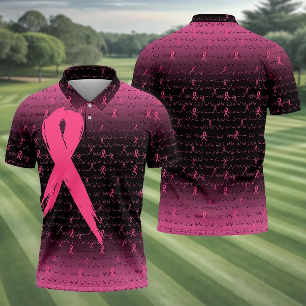 Pink Ribbon Boob Pattern Breast Cancer Polo Shirt, Mens Golf Polo, Printed Golf Shirts