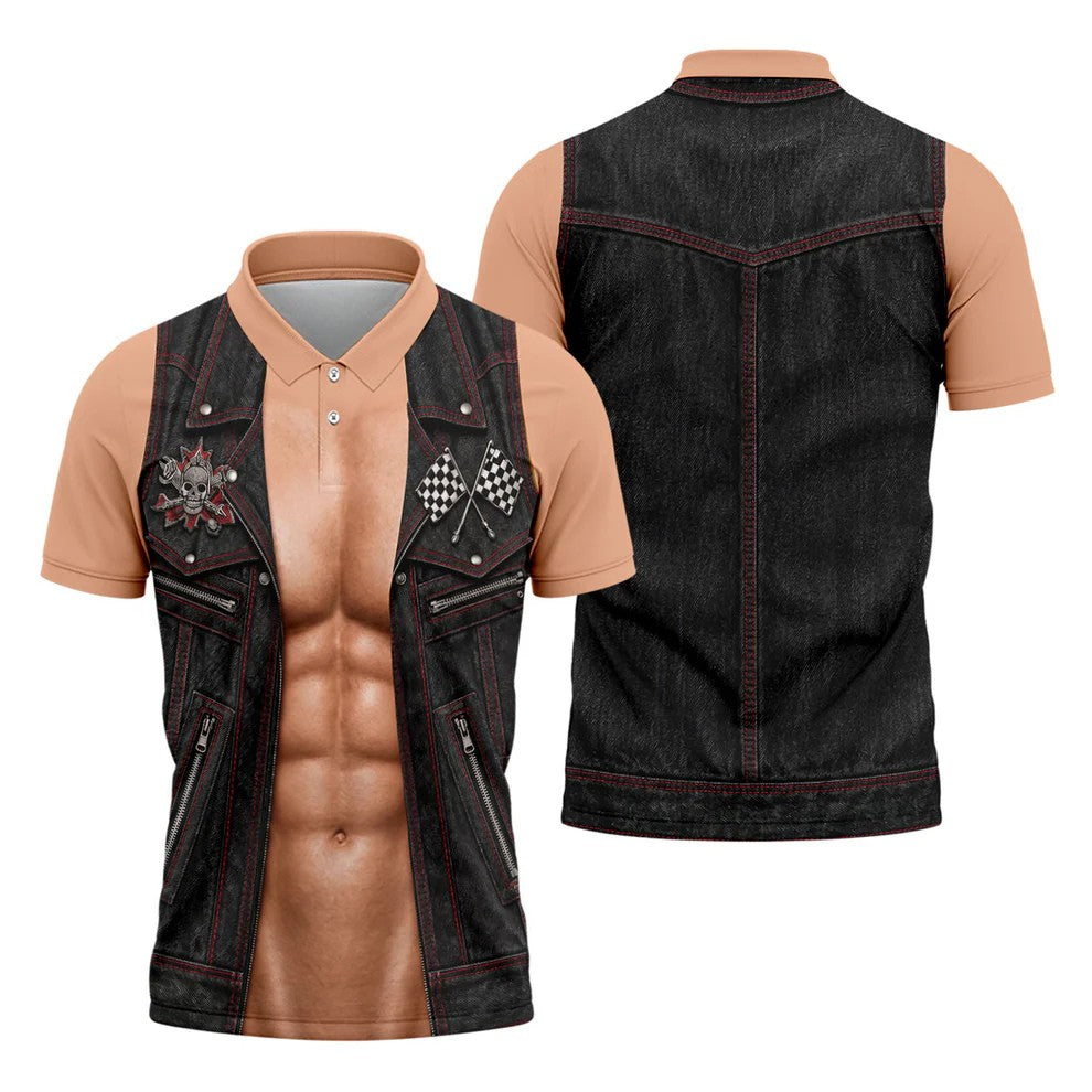 Black Red Racing Leather Vest Golf Polo Shirt, Mens Golf Polo, Printed Golf Shirts
