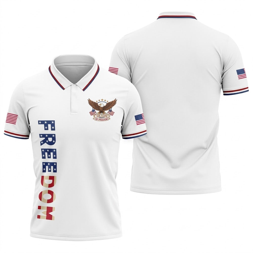 250 Years Of Freedom US Flag Logo White Golf Shirt, Patriotic 4th Of July Golf Shirts For Men