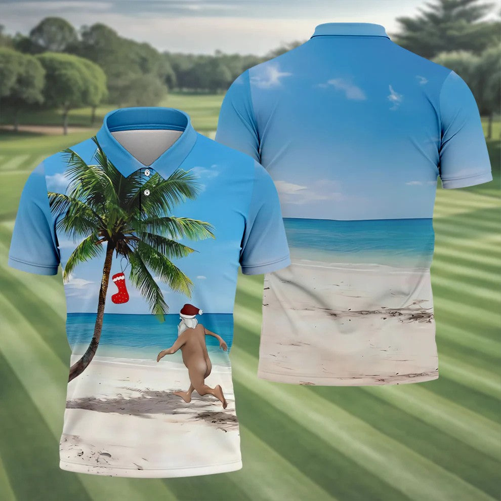 Funny Santa Running On Tropical Beach Christmas Golf Shirt, Men's Golf Shirt, Hawaiian Golf Shirt