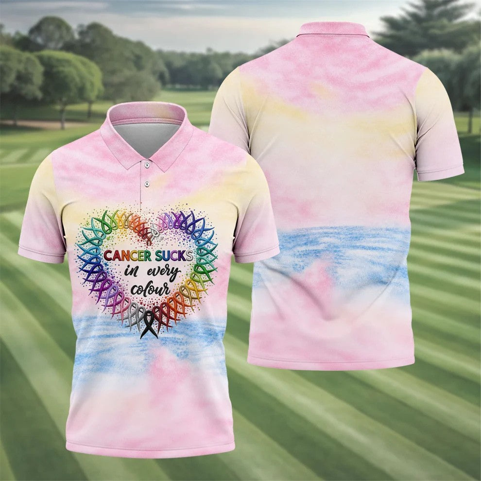 Cancer Sucks In Every Colour Ribbon Heart Polo Shirt, Mens Golf Polo, Mens Polo Shirts