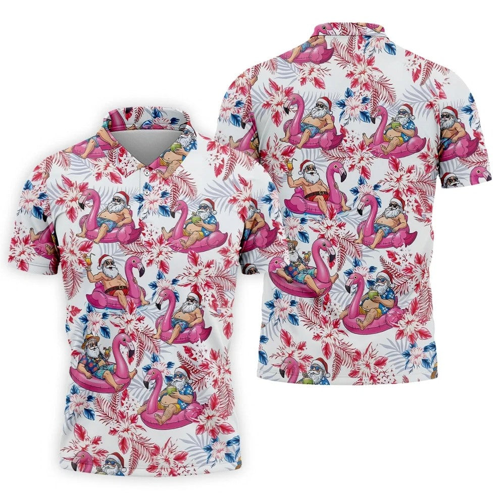 Funny Tropical Santa Flamingo Christmas Polo Shirt, Mens Golf Polo, Hawaiian Golf Shirt