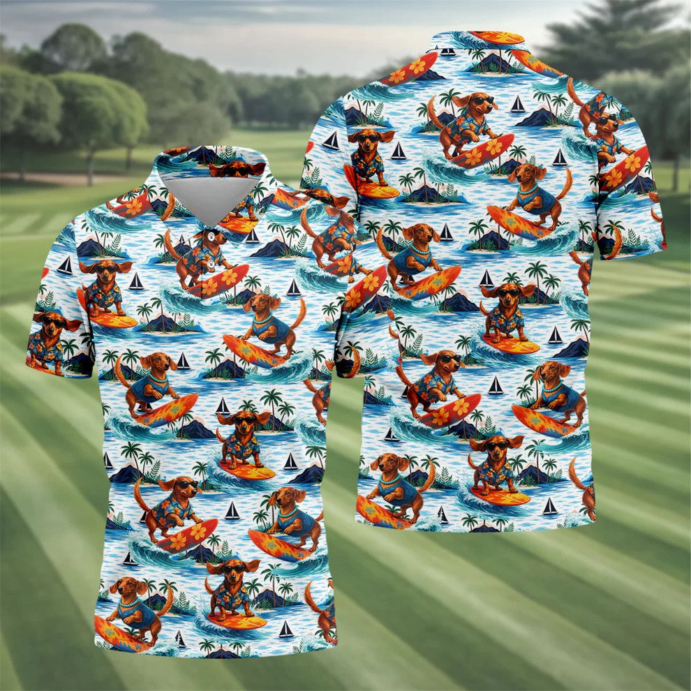 Funny Dachshund Surfing Beach Hawaiian Golf Shirt, Summer Vibe Golf Shirts For Men