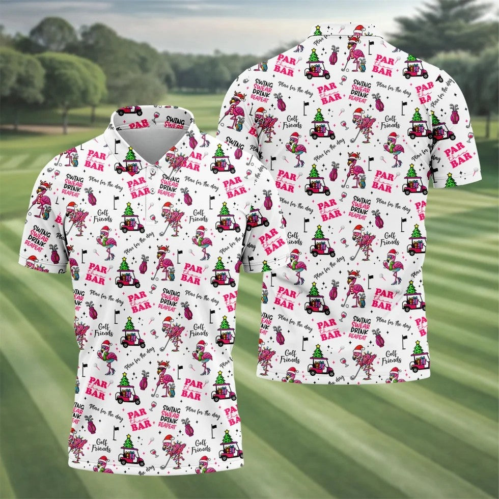 Christmas Flamingo Par Then Bar Men's Funny Golf Shirts, Christmas Golf Shirt, Polo Shirts For Men, Golf Gift For Men