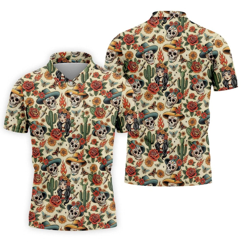 Day Of The Dead Sugar Skull Floral Polo Shirt, Mens Golf Polo, Hawaiian Golf Shirt