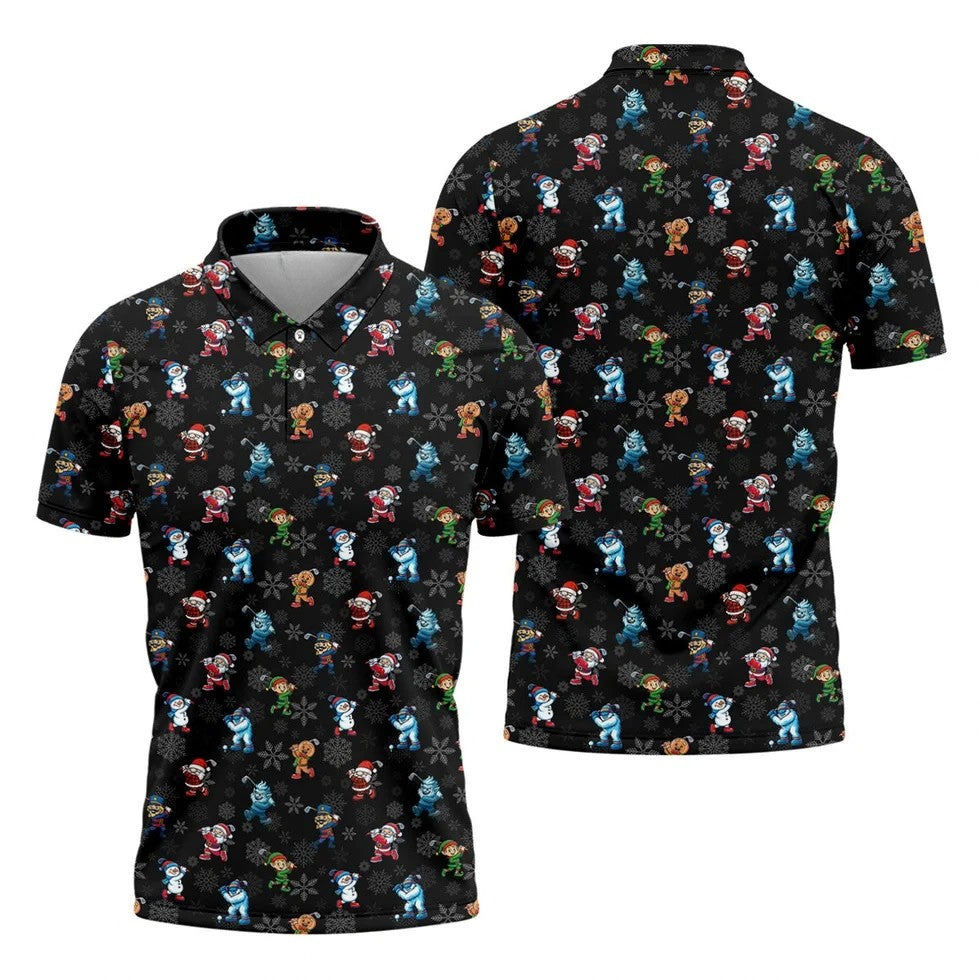 Funny Christmas Characters Golf Pose Black Golf Shirt, Christmas Golf Shirt, Polo Shirts For Men