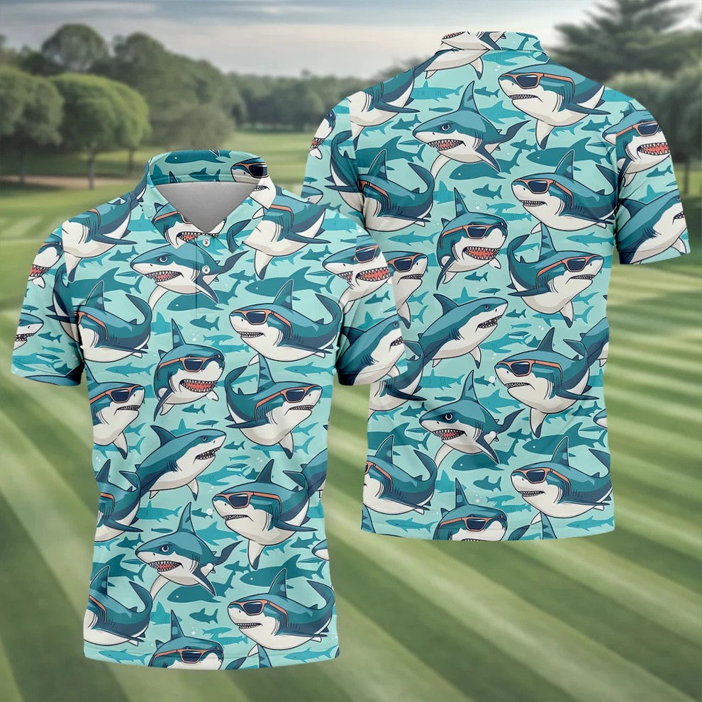 Animated Shark Hawaiian Golf Shirt, Men's Funny Golf Shirts, Golf Shirts For Men