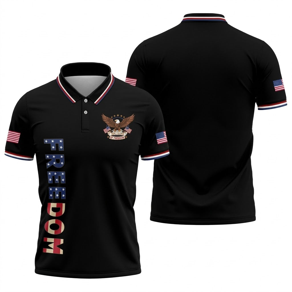 250 Years Of Freedom US Flag Logo Black Golf Shirt, Patriotic 4th Of July Golf Shirts For Men