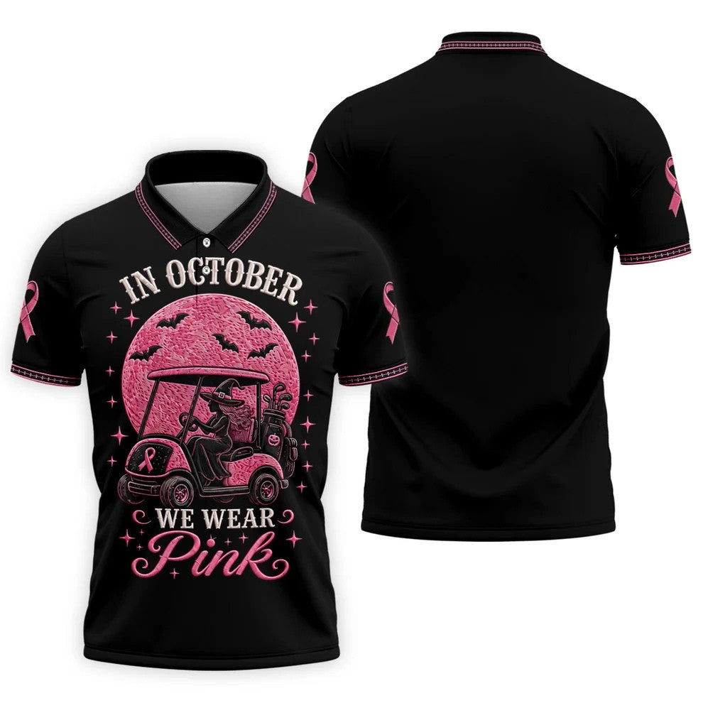 In October We Wear Pink Witch Breast Cancer Polo Shirt, Mens Golf Apparel, Printed Golf Shirts