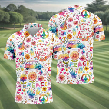 Retro Love Peace Van Floral Hawaiian Golf Shirt, Men's Golf Shirt, Printed Golf Shirts