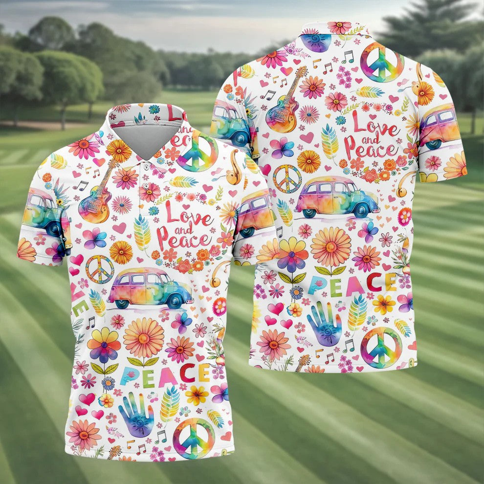 Retro Love Peace Van Floral Hawaiian Golf Shirt, Men's Golf Shirt, Printed Golf Shirts